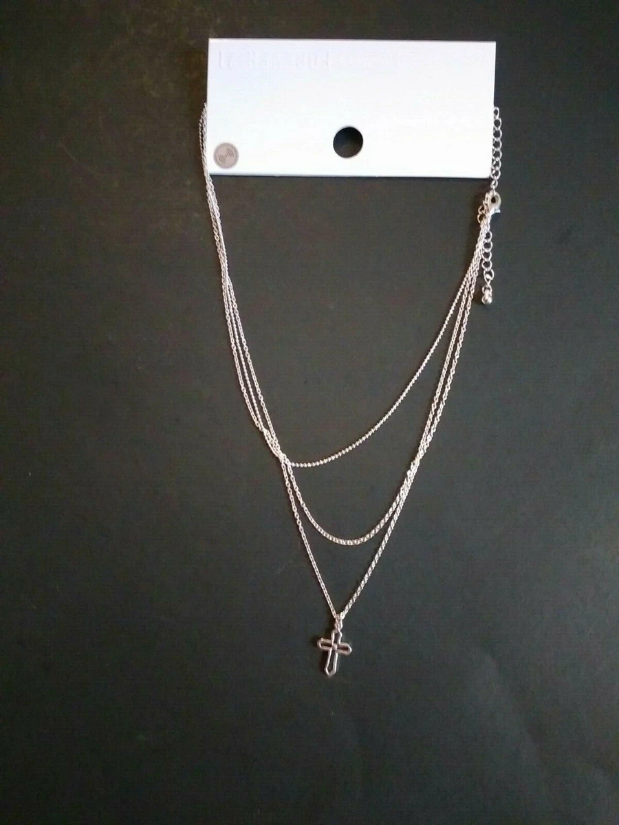 Forever 21 Layered Cross Pendant Necklace Silver Color New with Tags