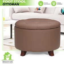 Classic Lift Top Storage Ottoman 17"Round Footstool PU Leather Brown w/Wood Legs