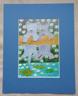 Gray Cats Hanging over Koi Fish Pond Lake Folk Art Lithograph by Max Raffler