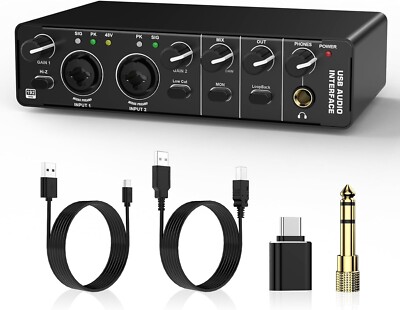 RHM USB Audio Interface, 2 In 2 Out Audio Interface with 48V Phantom Power fo...