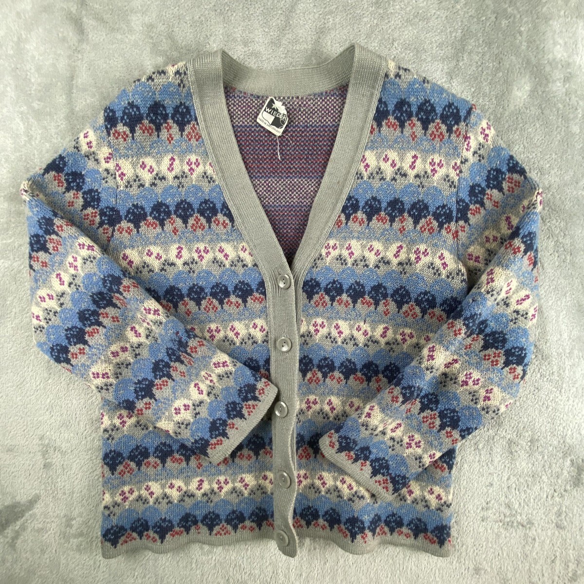 Vintage Wieler Sweater Cardigan Gray Blue Knit Button Front
