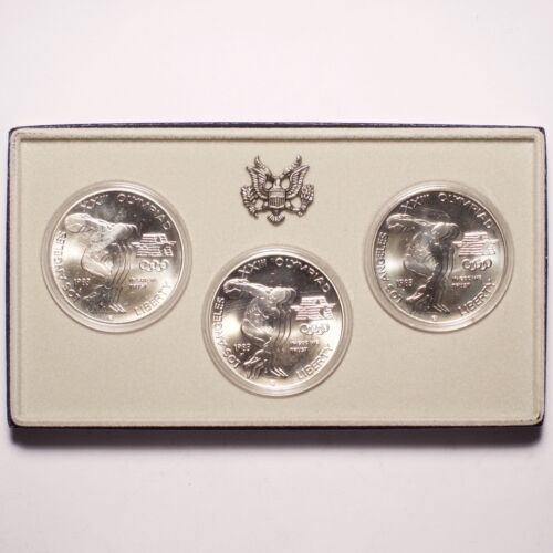 1983 P-D-S Olympic Commemorative Silver Dollar BU Three-Coin Set - Picture 2 of 3
