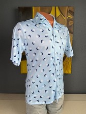 Vintage 1970s Disco Joel Cal Made Mens Blue Leaf Polyester Short Sleeve Shirt M