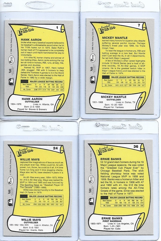 Juego completo de béisbol Pacific Legends 1988 1-110-Mantle/Mays/Aaron/Musial Foto 2 de 4