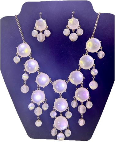 Vintage Bubble Dangle Cream Moonstone Statement & Earrings Set 28” BiB - Picture 2 of 19