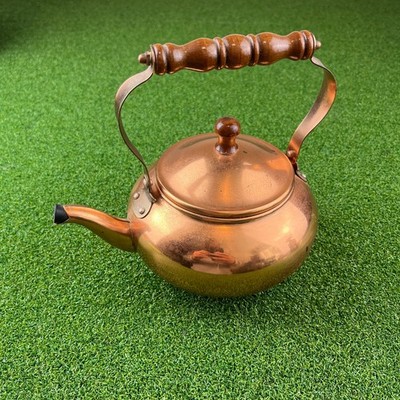 Vintage 1984 Copper Tea Kettle with a Wooden Handle Made in Taiwan