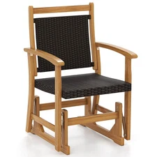 Patio Rattan Glider Chair w/Acacia Wood Frame & Wicker Seat Back Curved Armrests
