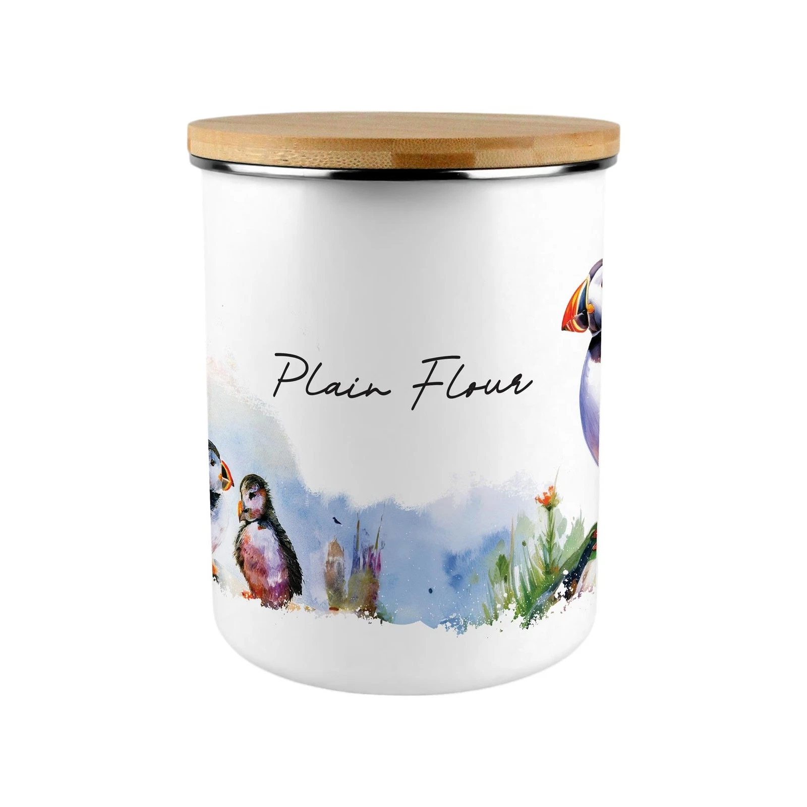 Puffins Plain Flour Storage Canister - XL Enamel Container Home Gift
