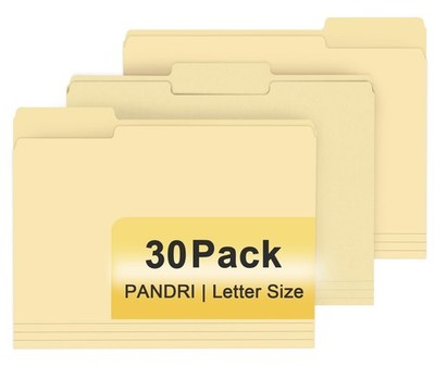 File Folder, PANDRI 30 Pack 1/3 Cut Tab, Letter Size, Manila