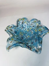 Murano Millefiori Art Glass Bowl Blue Ruffled Flower Dish Vintage Style 6"