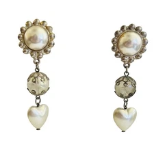 Pearl Dangle Earrings VTG Lucite Heart Silver Clip chunky Modernist Flashy Rare