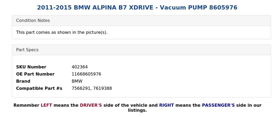 2011-2015 BMW ALPINA B7 XDRIVE - вакуумный насос 8605976 - Изображение 3 из 4