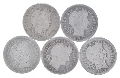 Better Lot 5 1902-O 1898 1893 1898 1914-S Barber Dime 0.50 Face *241