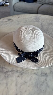 Janie and Jack Wide Brim Hat Girls Size 4-5 White Blue Ribbon NWT