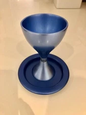 Blue annondized aluminum Kiddush cup/matching saucer by Yair Emanuel