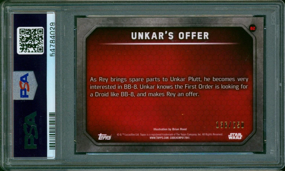 2015 Topps Star Wars TFA Foil UNKAR'S OFFER #82 SP #/250 Rey w/ BB-8 Mint PSA 9 - Image 2 of 2