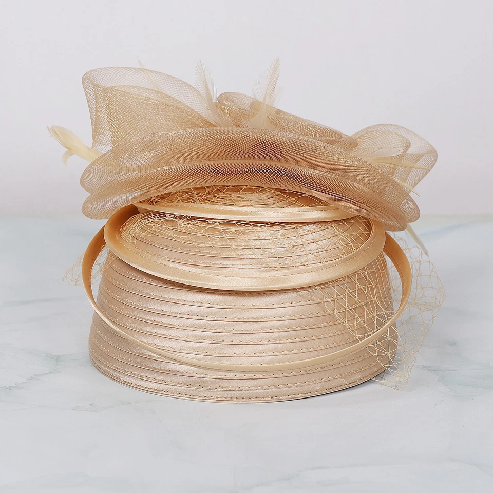 Champagne Fascinator Hat Women Satin Cloth Formal Church Hats Women With Veil - Image 3 of 4
