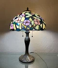 Vintage Tiffany Style Table Lamp 2 Chain Pull Flowers Iridescent Blue 23"