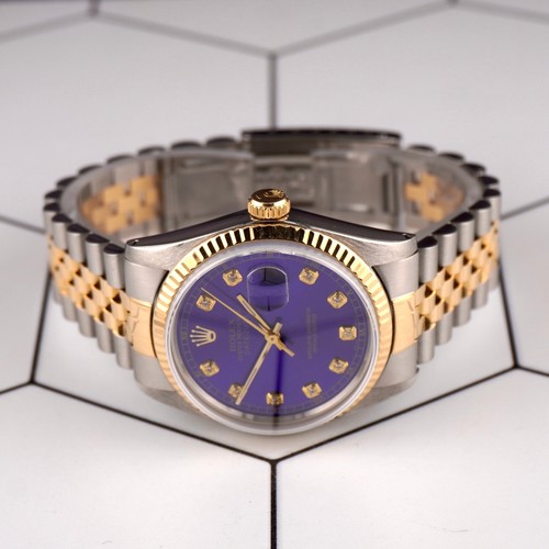 Rolex Datejust 36mm 18k YG 2-Tone Fluted Royal Blue Diamond Dial Watch 16013 - Picture 10 of 12