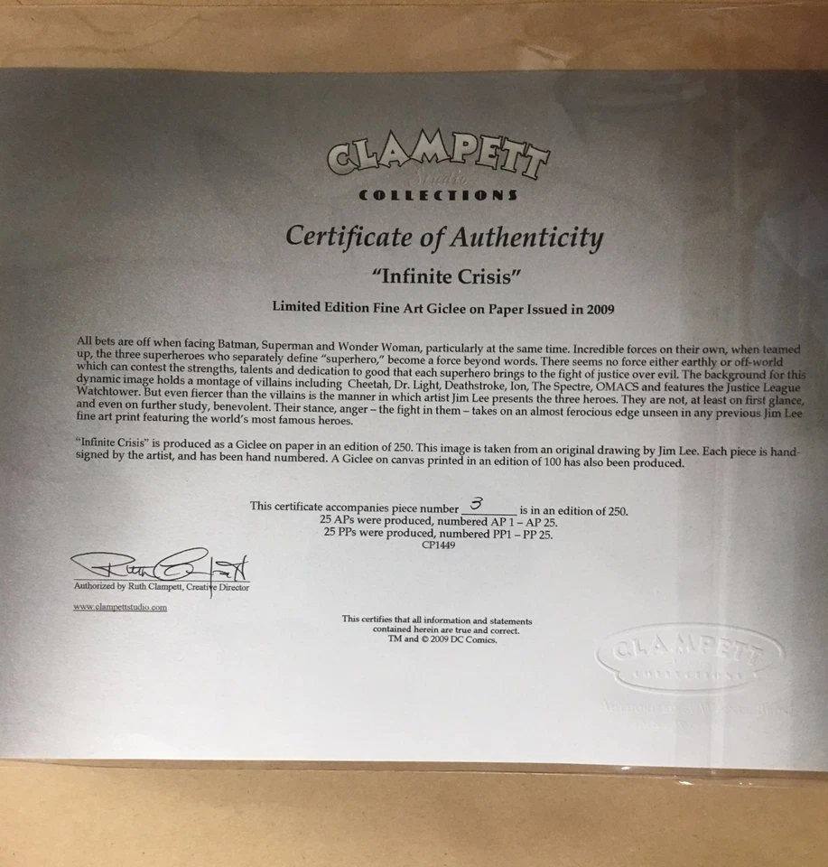 Infinite Crisis Giclee on Paper 3/250 Signed by Jim Lee-Batman/Superman/WW - Image 3 of 3