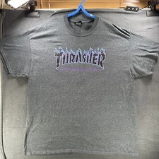 Thrasher Magazine Skateboarding Gray Purple Shirt Flame Logo Size XL
