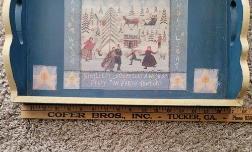 Christmas Starry Night Peace On Earth Wood Dining Serving Tray Handmade Painted - Picture 3 of 9