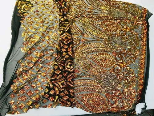 Orange Iridescent Geometric Damask Design on a Black 4 Way Stretch Mesh Lace