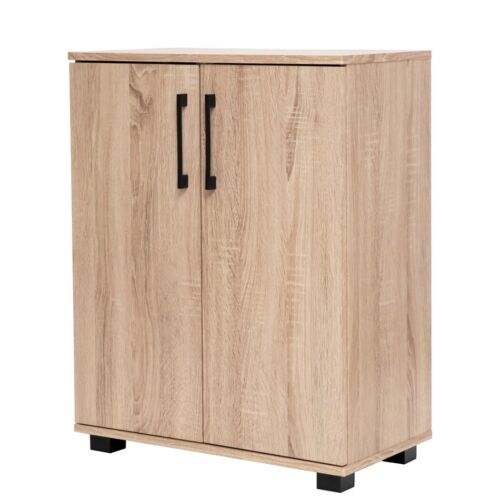 Multi-Purpose Storage Cupboard 2 Door w/ Shelves Low Style Cabinet Oak - Picture 2 of 10