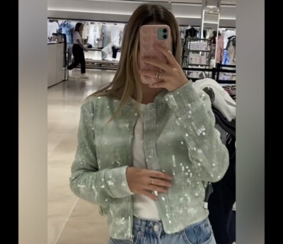 New Zara Sequin Tulle Green Ombre Bomber Jacket 2712/345 Small Medium