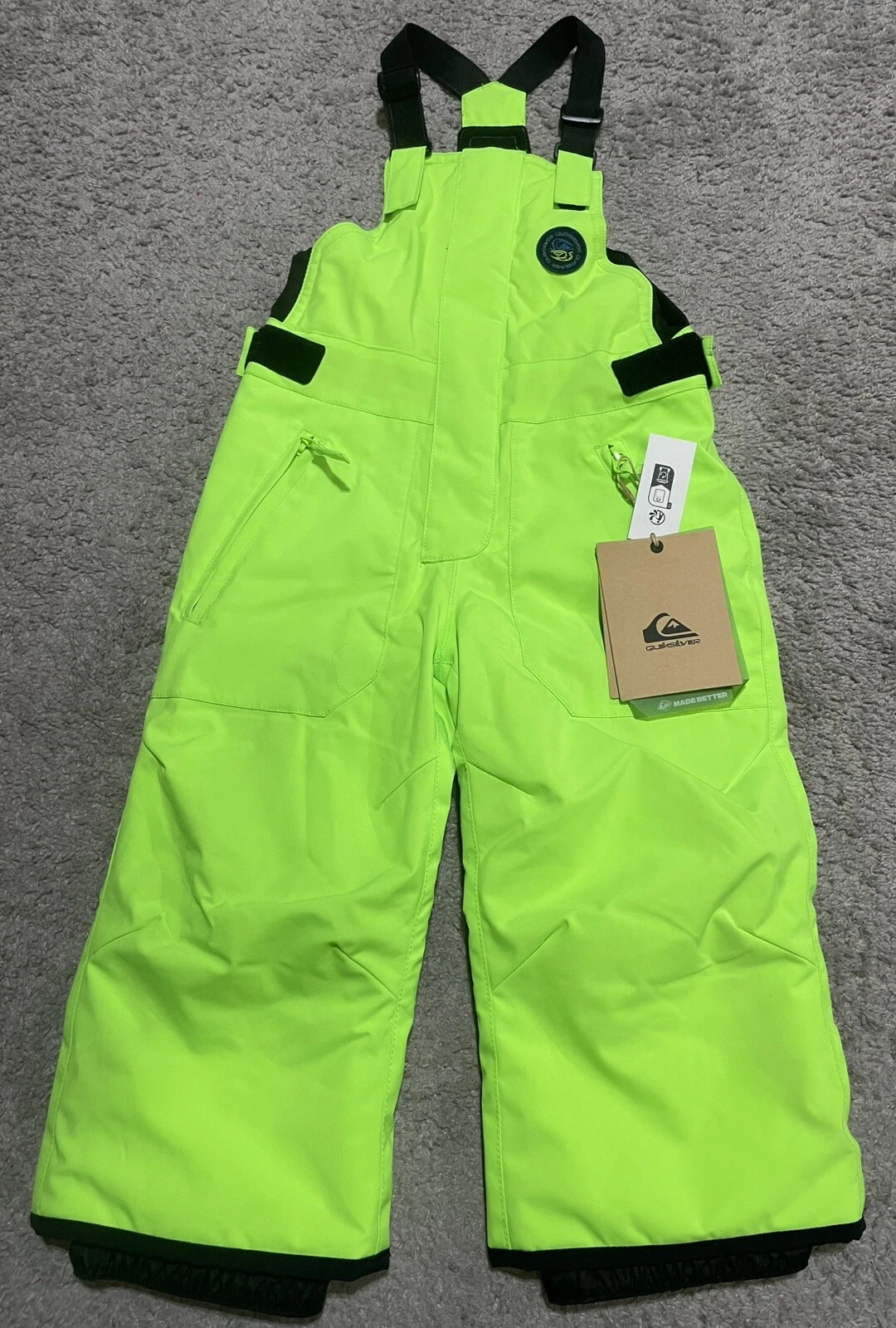 Quicksilver Kids snow bib pants Neon Green youth Size 3 NWT $110