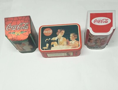 3 Coca-Cola Metal Tins, It's Pause Time Mother + 2 Coke Slope Lid Caddies, 1990s