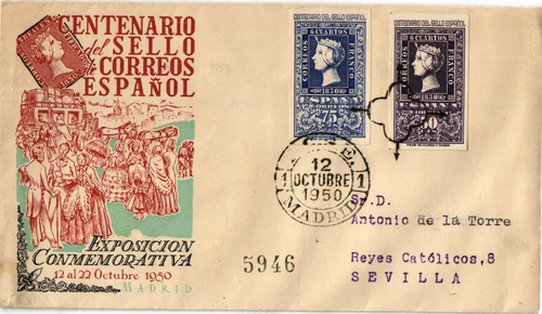 Spain 1950 First Day Cover CENTENARIO DEL SELLO DE CORREOS ESPAÑOL (3437)
