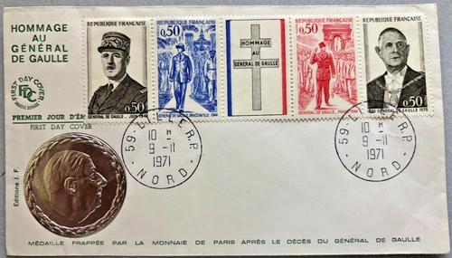 FRANCE DE GAULLE PREMIER JOUR + MEDAILE FRAPPEE LILLE 1971 LETTRE COVER