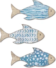 3 Pcs Wooden Fish Wall Decor - Beach Nautical Coastal Theme Fish Wall Sculpture 