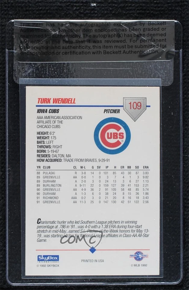 BAS 1992 SkyBox Pre-Rookie AAA Packs Turk Wendell #109 Seal of Authenticity RC - Image 2 of 2