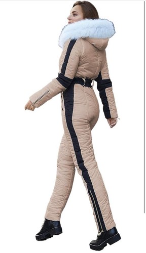 Womens Khaki Ski Suit Snowsuit One Piece Snow Bunny Bib Fur Insulated Jumpsuit S - Bild 2 von 10