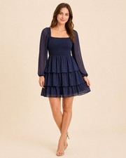 Altar’d State Navy Swiss Dot Smocked Tiered Mini Dress M Puff Sleeve Boho