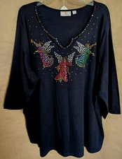 QUACKER FACTORY WOMENS PULLOVER TOP BLACK WITH ANGEL RHINESTONES SIZE 3X #4763