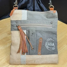 Myra USA Upcycled Canvas Patch Crossbody Bag Burlap Fringe Boho Purse NWOT