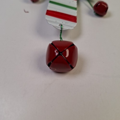 Striped Candy Cane Ornaments Tin With Jingle Bells 9 Inch Pair Green Bows - Picture 13 of 17