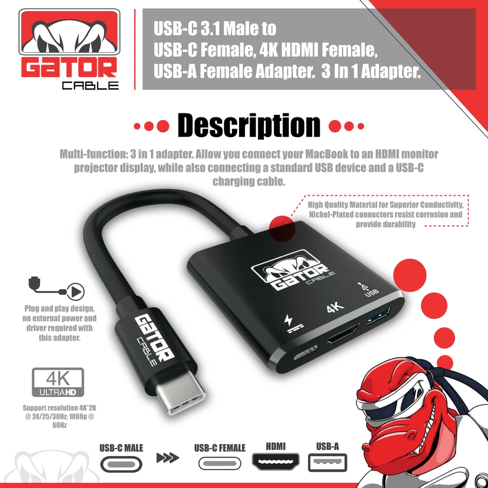 USB-C转HDMI USB-C USB-A 3.0适配器转换器3合1充电器音频视频4K高清 — 第 2/4 张图片
