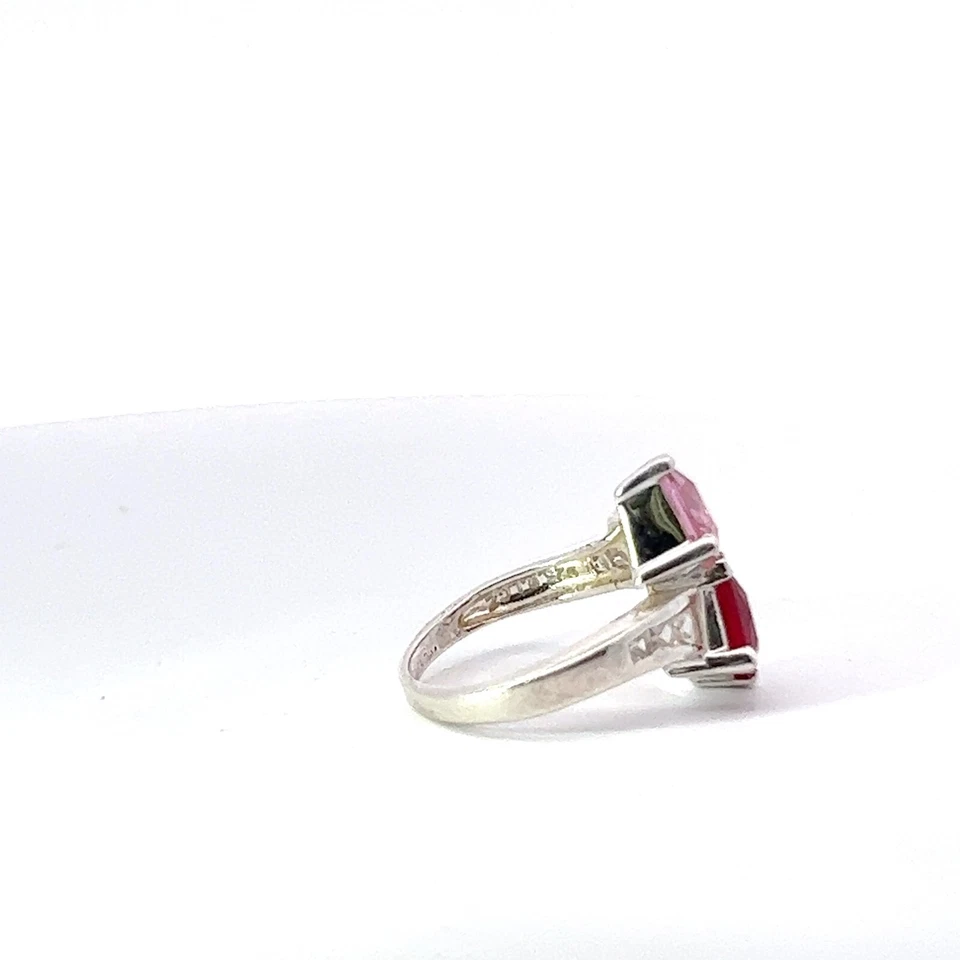 Plata de Ley 19mm Rosa y Blanco Creado en Laboratorio Cz Rojo Rubí 7mm Anillo - Imagen 4 de 4