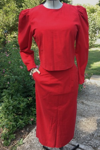 Vintage 80s Sharon Young 10 Fine Ribbed Red Corduroy Midi Strait Skirt Suit Set - 第 1/19 張圖片