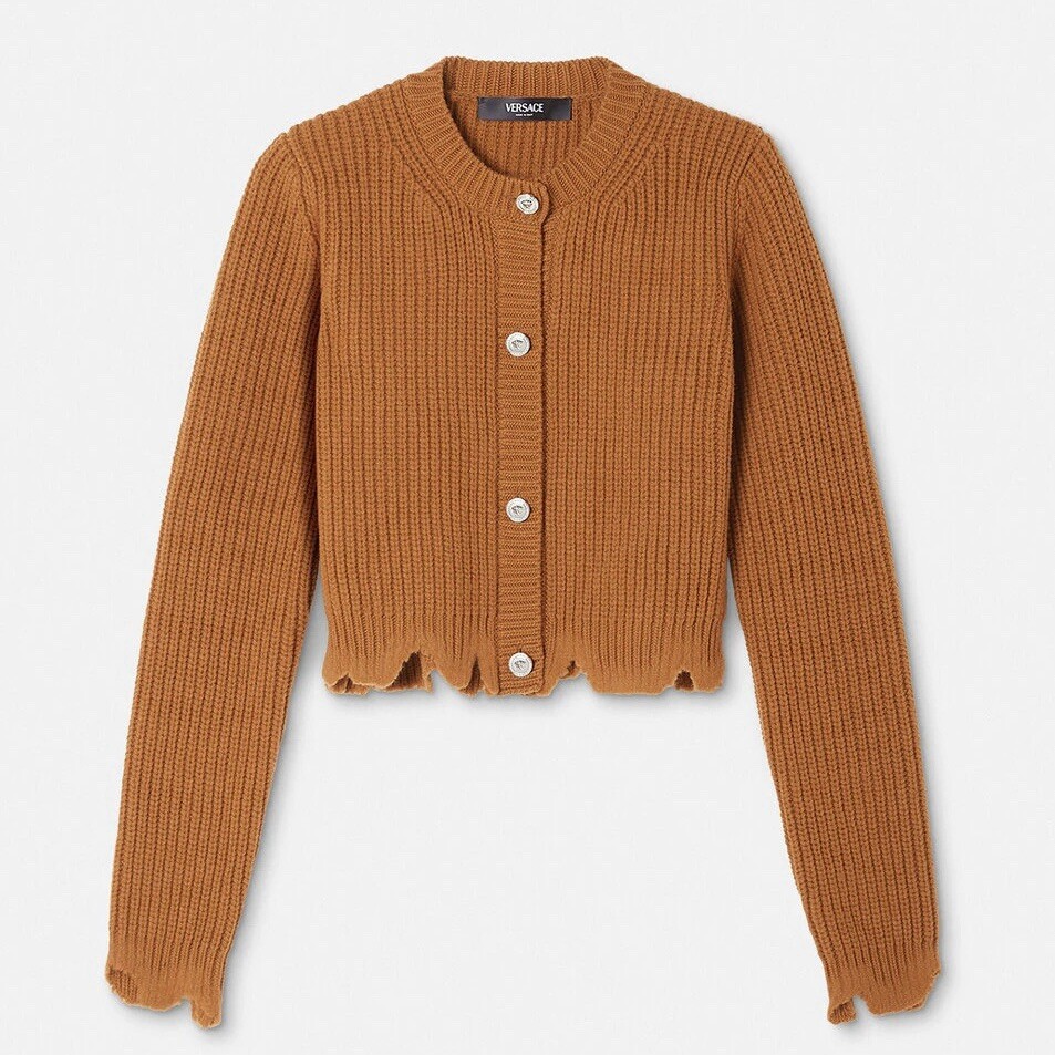 Versace Brown Wool Knit Cardigan Sweater Distressed Hem IT Versace Brown Wool Knit Cardigan Sweater Distressed Hem IT