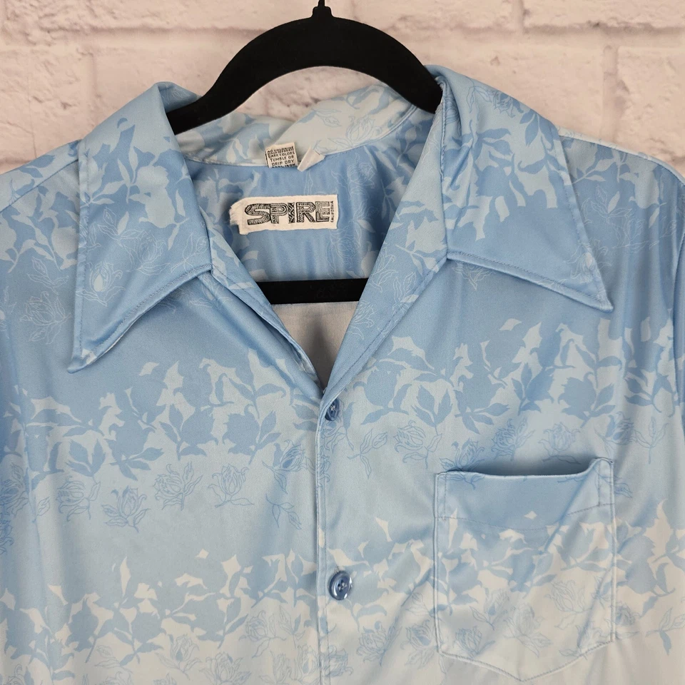 复古 Spire California 男式高 L 恤蓝色提花几何纹理 — 第 2/4 张图片