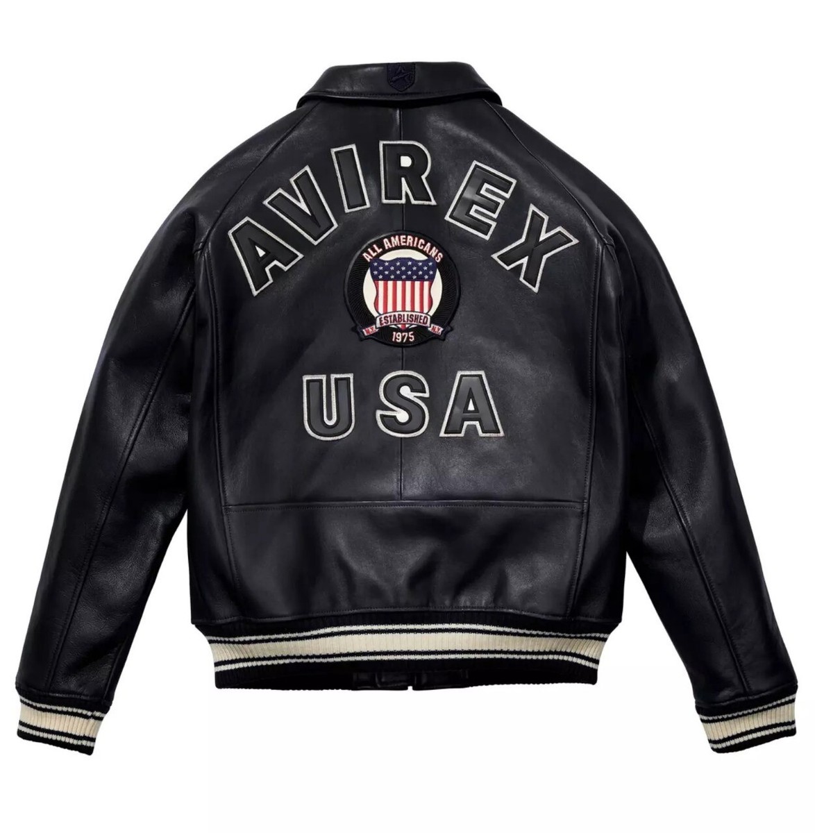 Men's Avirex Real Leather Flight Jacket - Black Bomber American