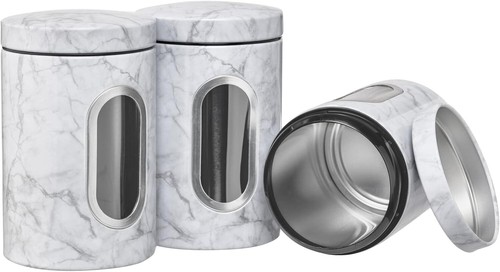 NUEVO - Juego de 3 - Almacenamiento de alimentos de aluminio - Grande - Aspecto de mármol blanco y negro - Imagen 5 de 9