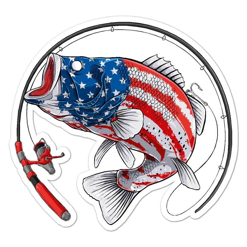 SMOKING GUN DECALS American Flag Bass Fishing, Vinyl Decal Sticker, Indoor Outdoor, 3 Sizes, #8076