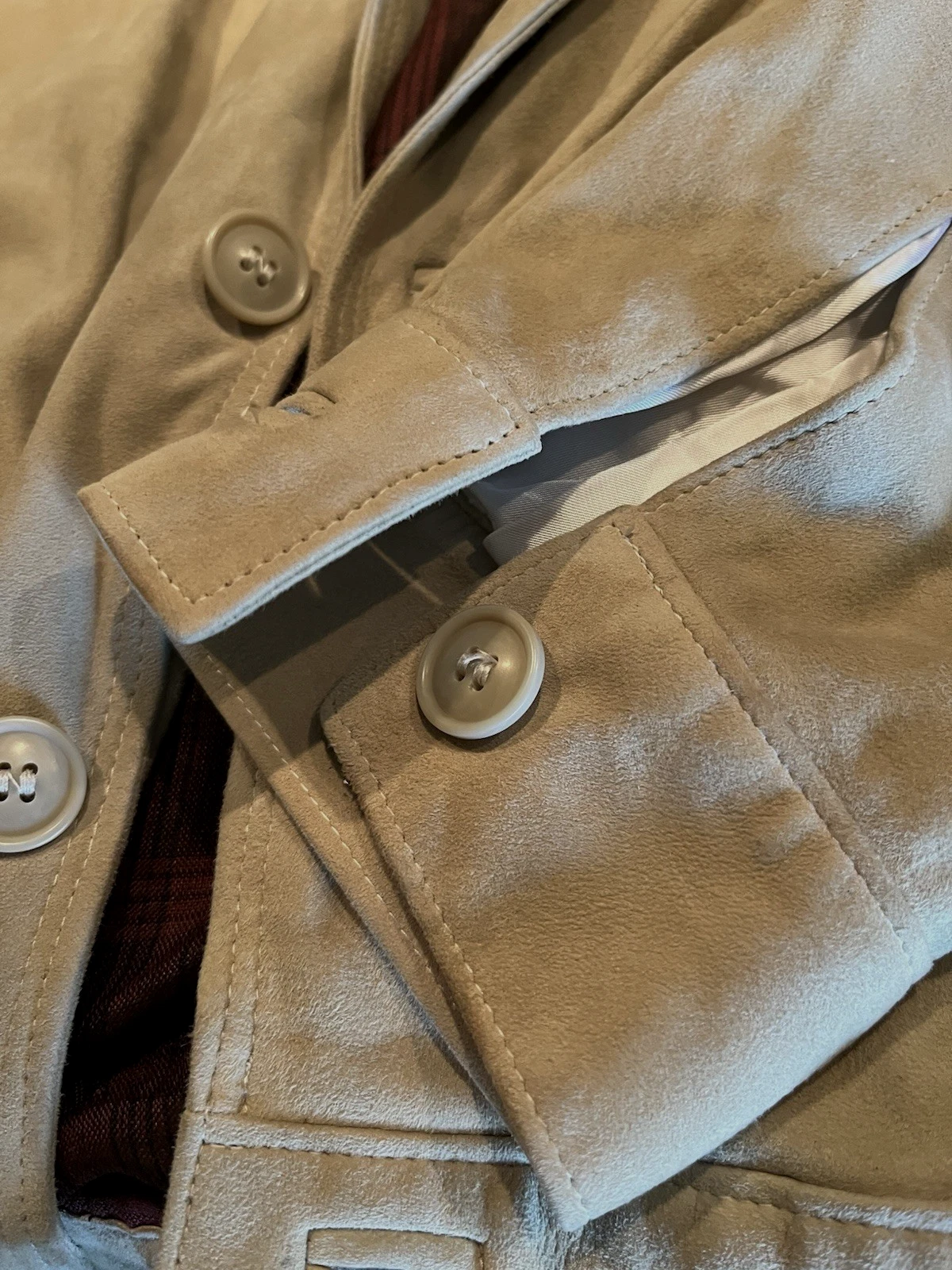 Giacca vintage G. Gucci Spa uomo beige scamosciata fodera rossa a quadri taglia 48