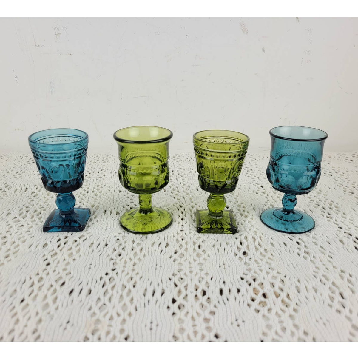 Vintage 70s Indiana Glass Green & Blue Cordial Drink Beverage